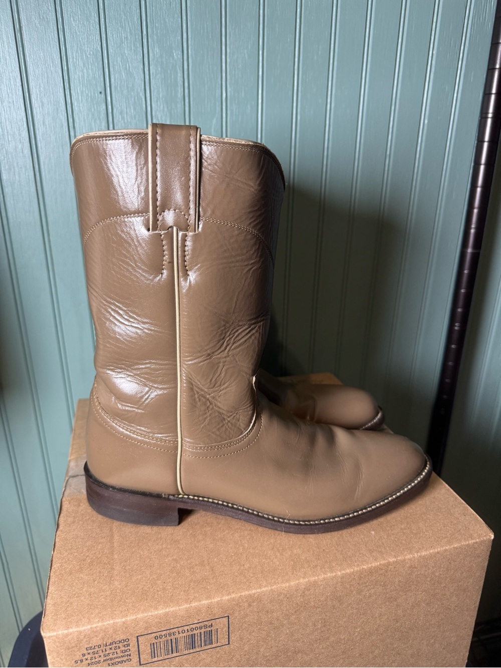 Justin Roper Taupe Leather Western Pull-On Cowboy Boots original Made in USA - Picture 4 of 7